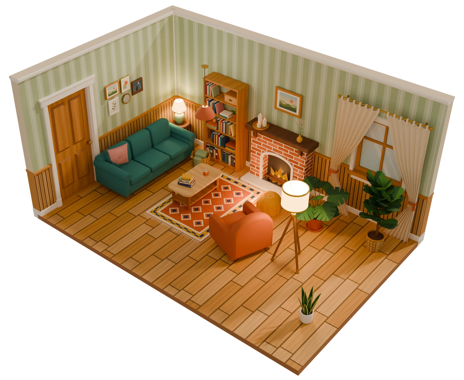 Isometric cut-away of a cozy living room built with the kit: green striped walls, brick fireplace, teal sofa, bookcase and plants