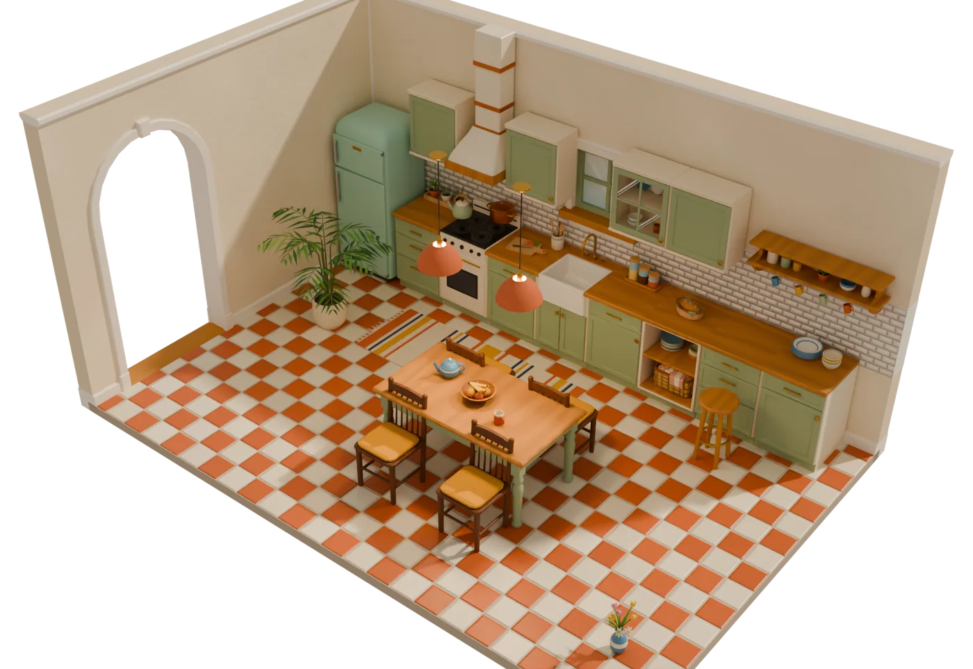 Kitchen and dining room cut-away